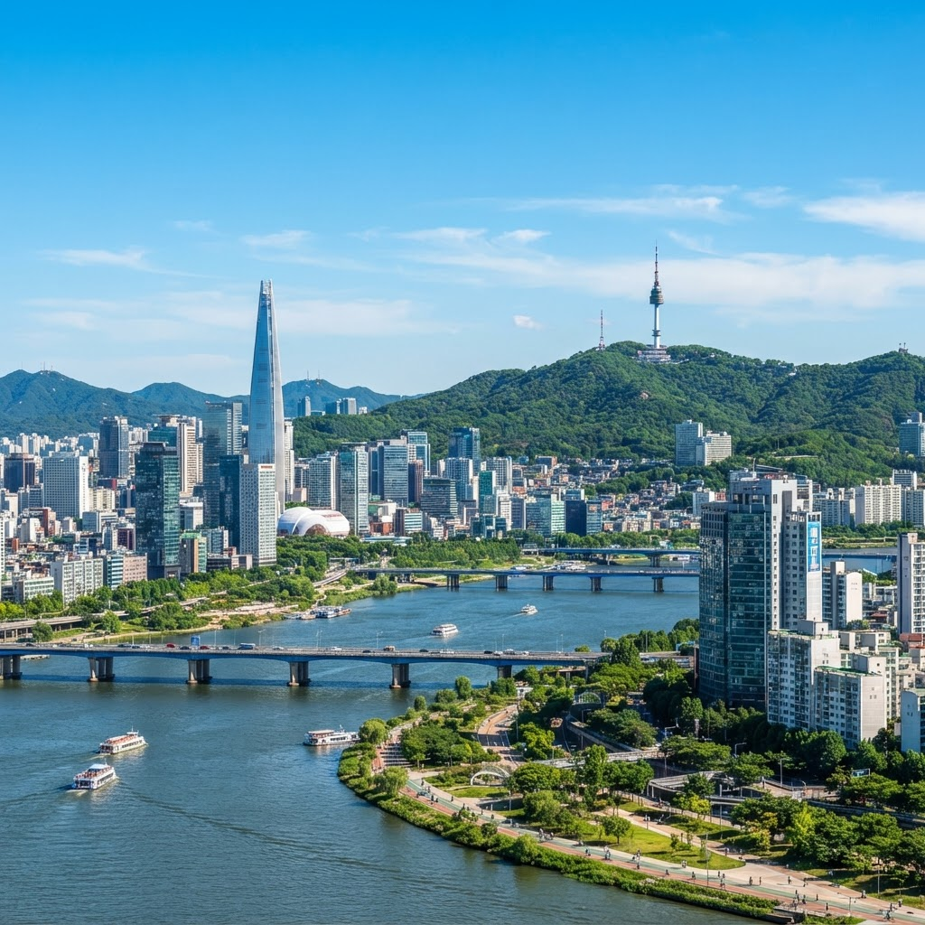 Bright daytime Seoul skyline under a clear blue sky with Namsan Seoul Tower